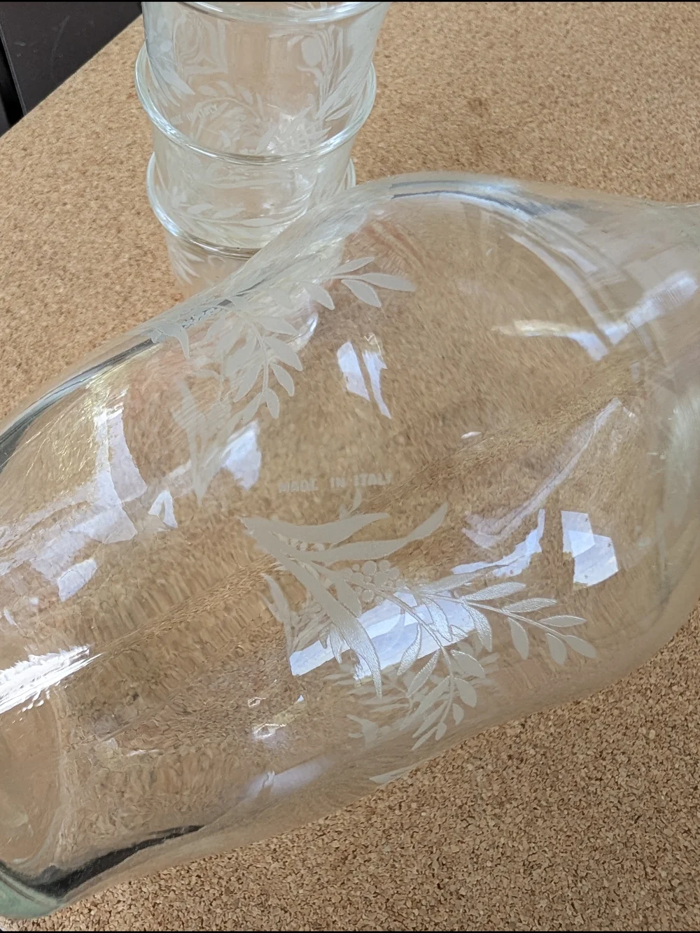 Vintage Italian Etched Glass Decanter With 6 Shot Glass Set